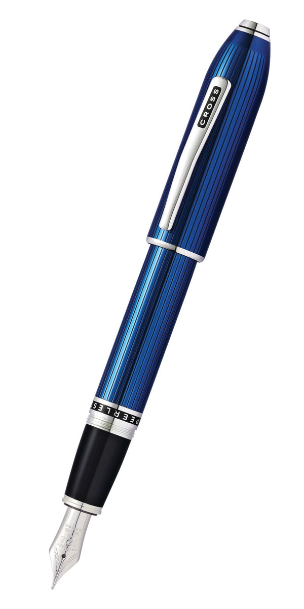 cross Peerless™ Translucent Quartz Blue Engraved Lacquer with Platinum Plated Appointments and Rhodium Plated 18KT Solid Gold Medium Nib Fountain Pen