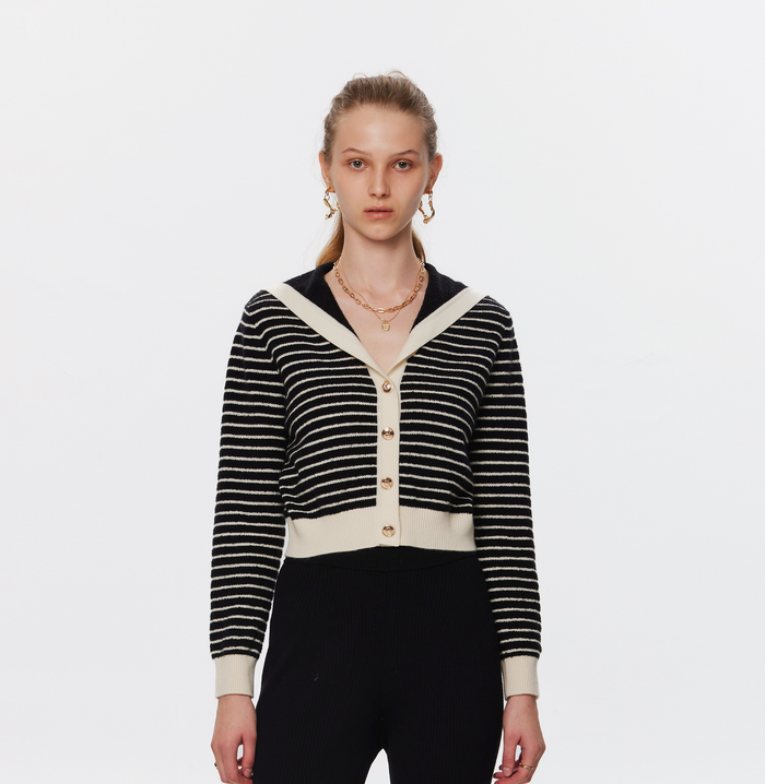 crush BOUCLÉ STRIPED SAILOR CARDIGAN Black／White stripes