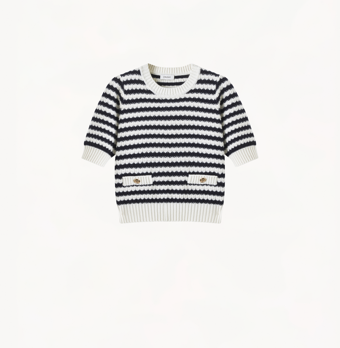 Crush CASHMERE JACQUARD STRIPED PUFF SHORT-SLEEVED BLOUSE Red/White Stripes