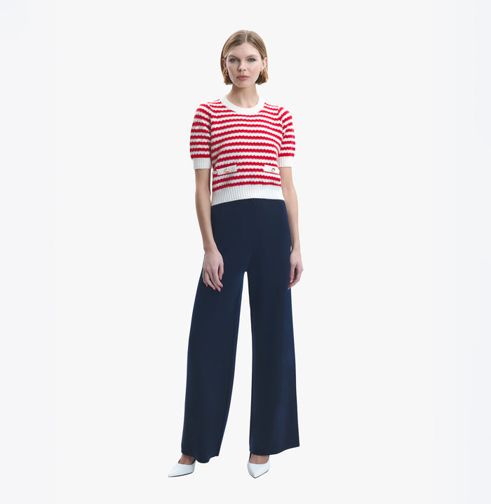 Crush CASHMERE JACQUARD STRIPED PUFF SHORT-SLEEVED BLOUSE Red/White Stripes