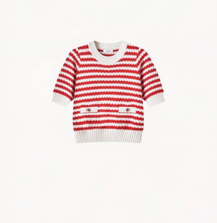 crush CASHMERE JACQUARD STRIPED PUFF SHORT-SLEEVED BLOUSE Red／White Stripes