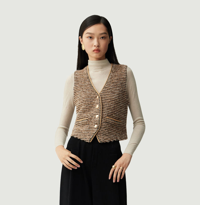 Crush BOUCLÉ TWEED V-NECK VEST Gingham Black Camel