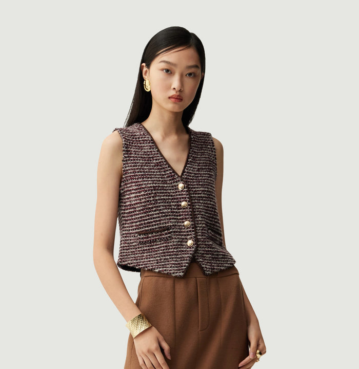 crush BOUCLÉ TWEED V-NECK VEST Gingham black camel