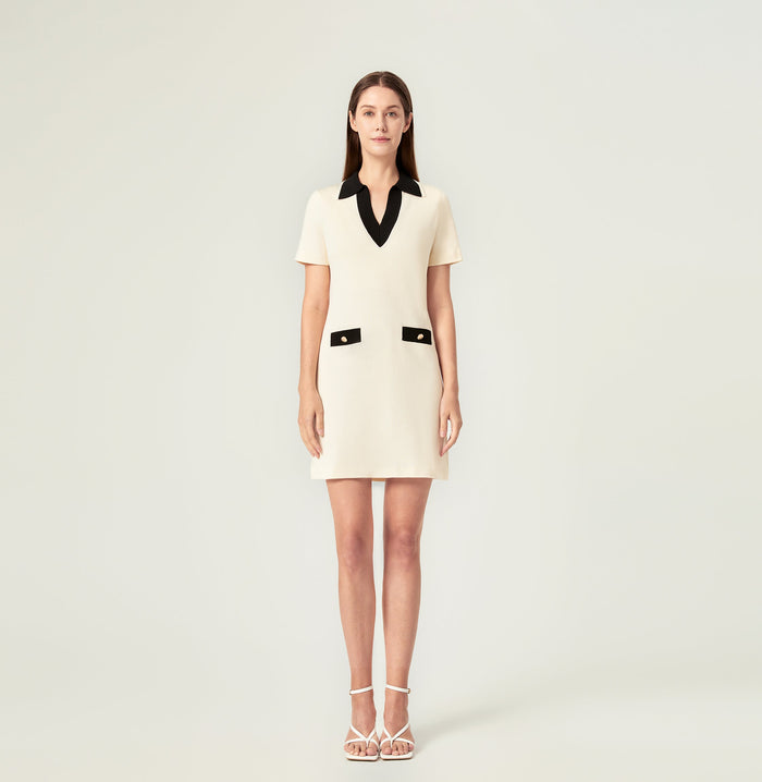 crush COLORBLOCKED LAPEL DRESS Cream