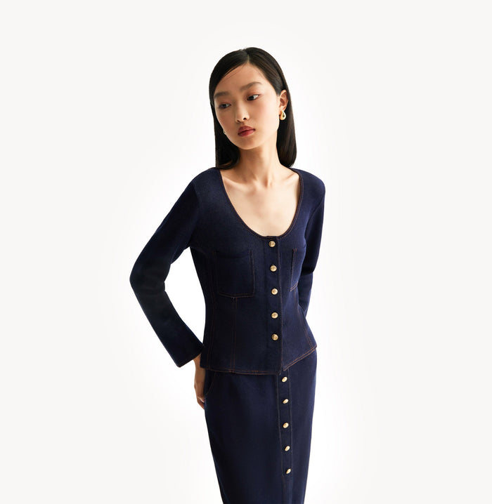 Crush DENIM-LOOK U-NECK JACKET Navy Blue