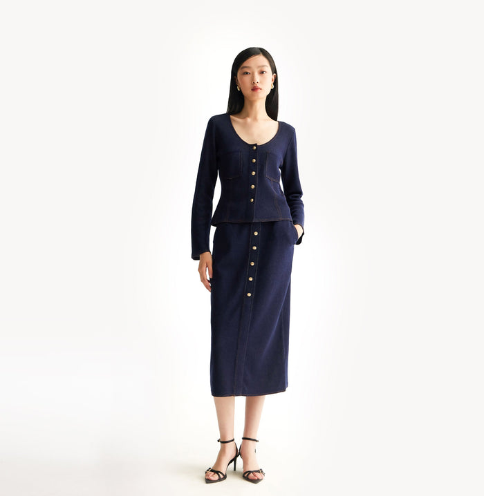 crush DENIM-LOOK U-NECK JACKET Navy blue