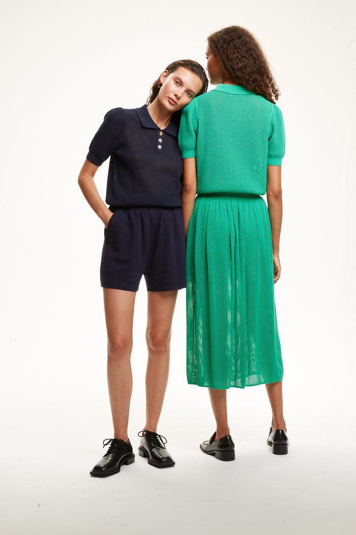 Crush GOLD BUTTONS POINTELLE POLO TOP Navy