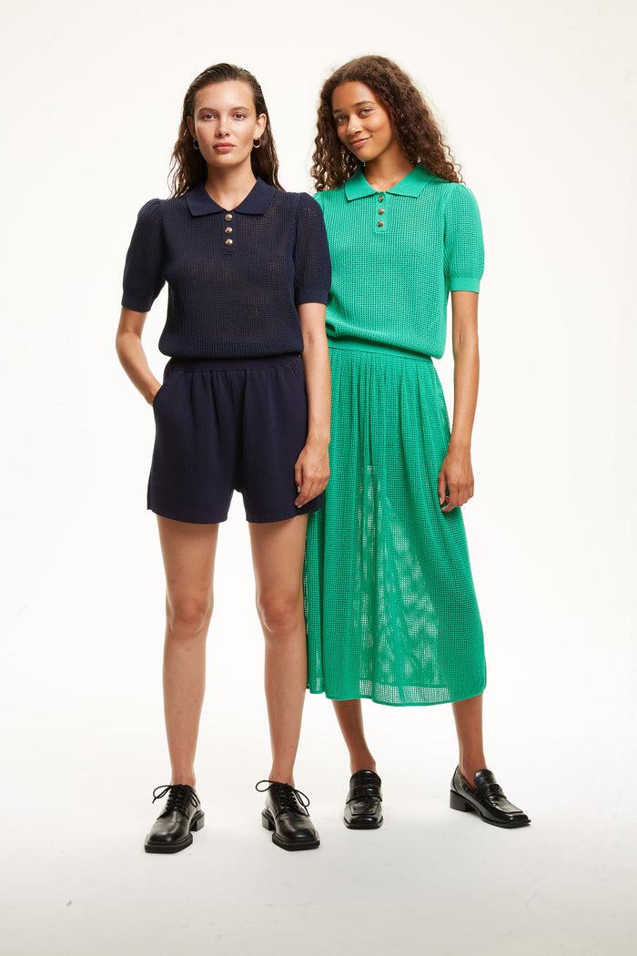 crush GOLD BUTTONS POINTELLE POLO TOP Navy