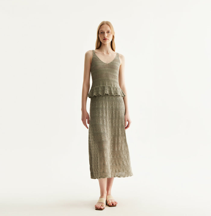 crush LINEN SEQUINED POINTELLE DRESS Grey green