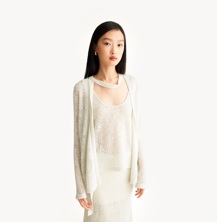 Crush POINTELLE JACQUARD RIBBON CARDIGAN White