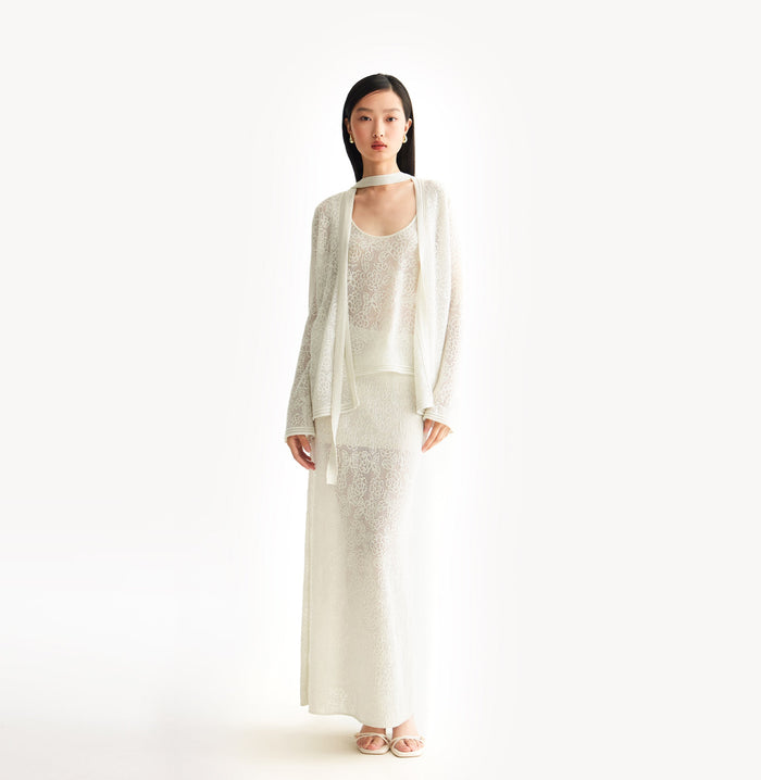 crush POINTELLE JACQUARD RIBBON CARDIGAN White