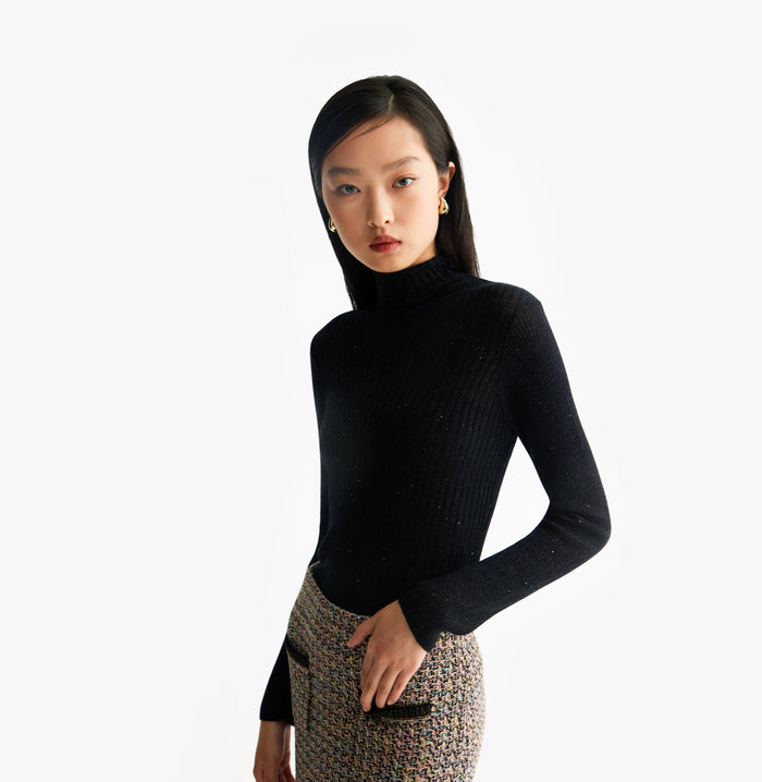 Crush RIBBED OMBRÉ CASHMERE TURTLENECK TOP Black