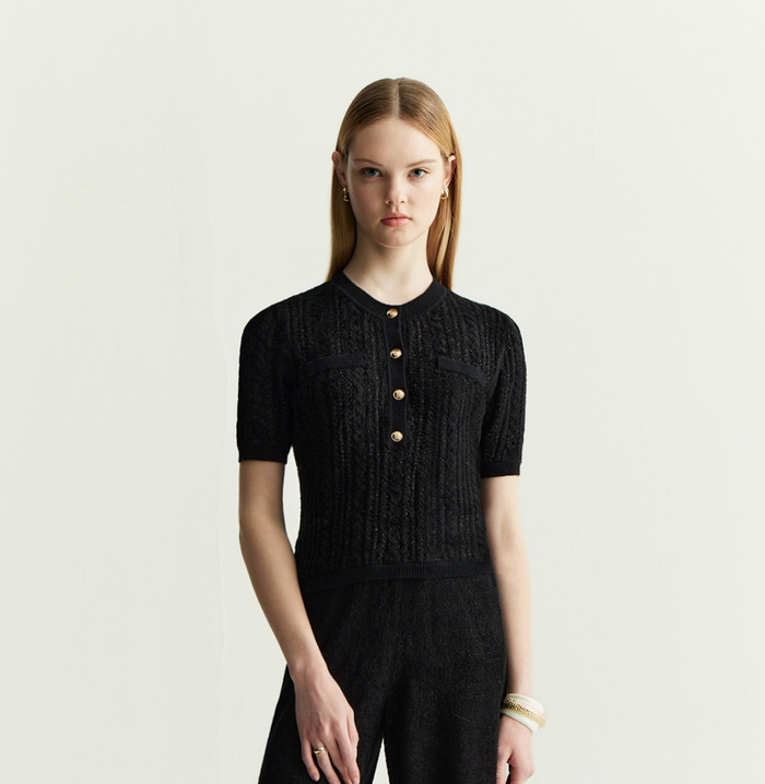 crush VELVET CABLE-KNIT TOP Black