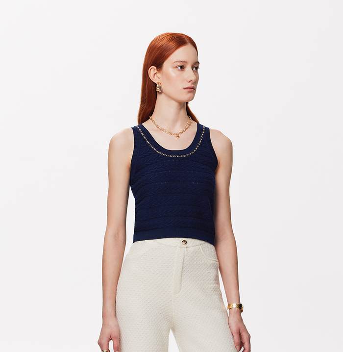 crush WOOL CABLE-KNIT TANK TOP Navy