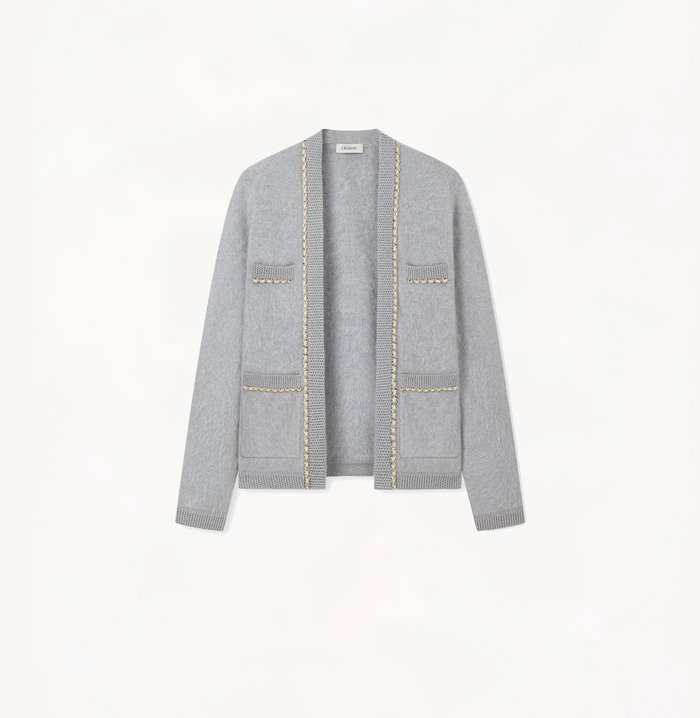 Crush FLUFFY CASHMERE CARDIGAN WITH CHAIN-DETAILED POCKETS Light Grey