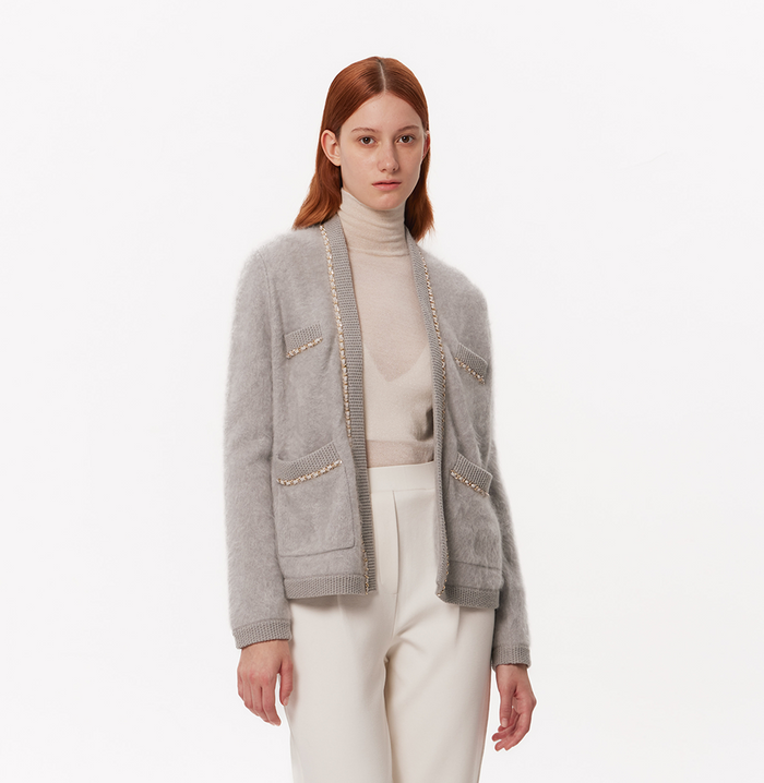 crush FLUFFY CASHMERE CARDIGAN WITH CHAIN-DETAILED POCKETS Light grey