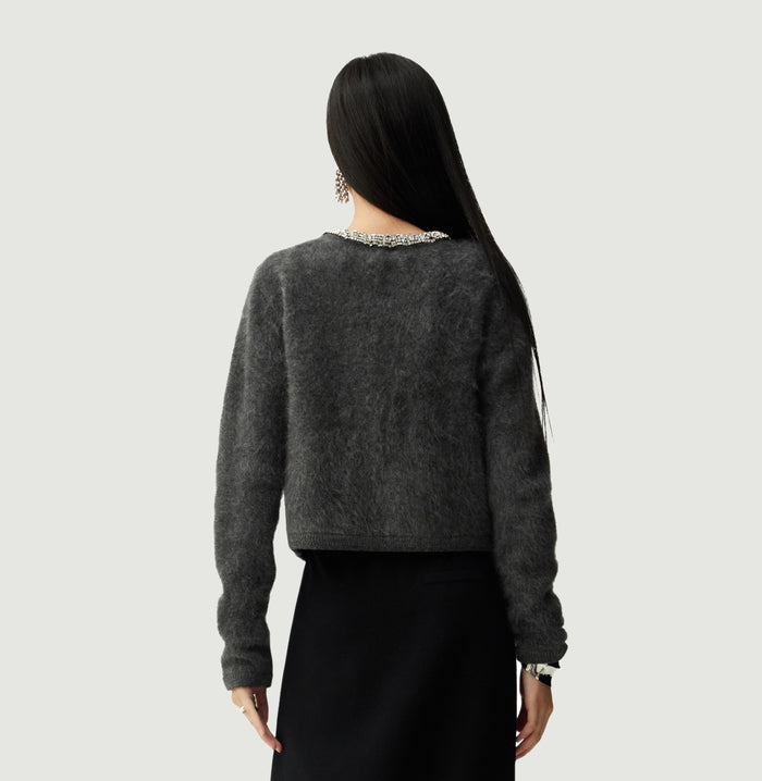 Crush FLUFFY CASHMERE CRYSTAL EMBELLISHED PLACKET CARDIGAN Dark Grey