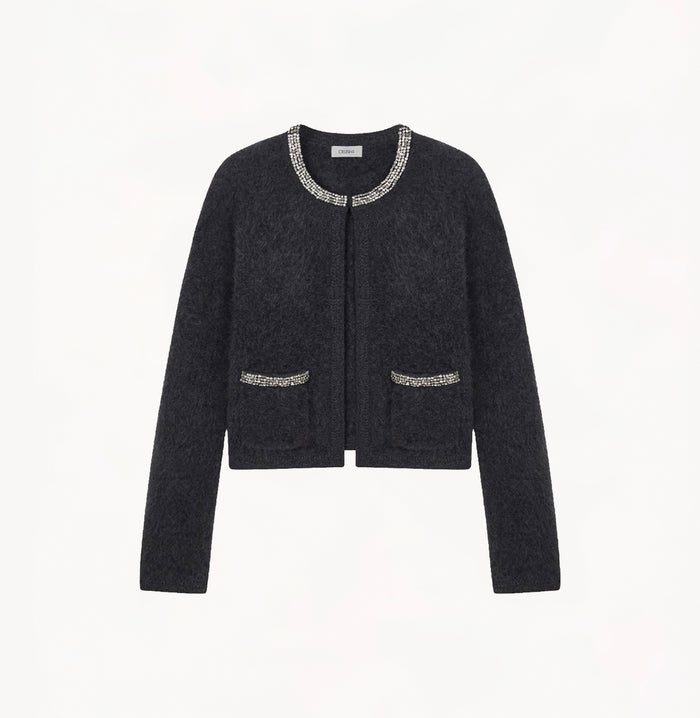 Crush FLUFFY CASHMERE CRYSTAL EMBELLISHED PLACKET CARDIGAN Dark Grey