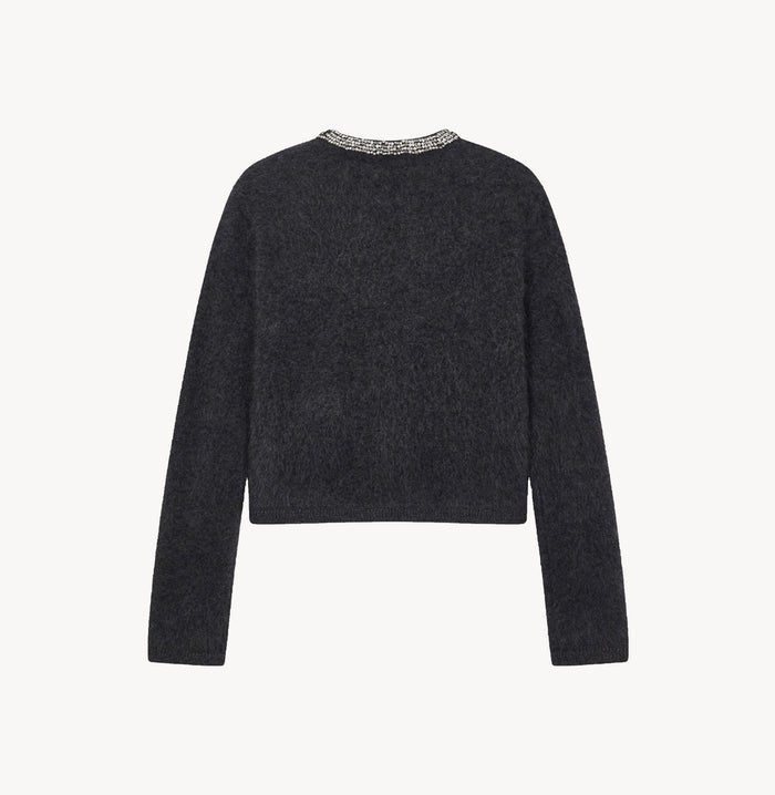 Crush FLUFFY CASHMERE CRYSTAL EMBELLISHED PLACKET CARDIGAN Dark Grey