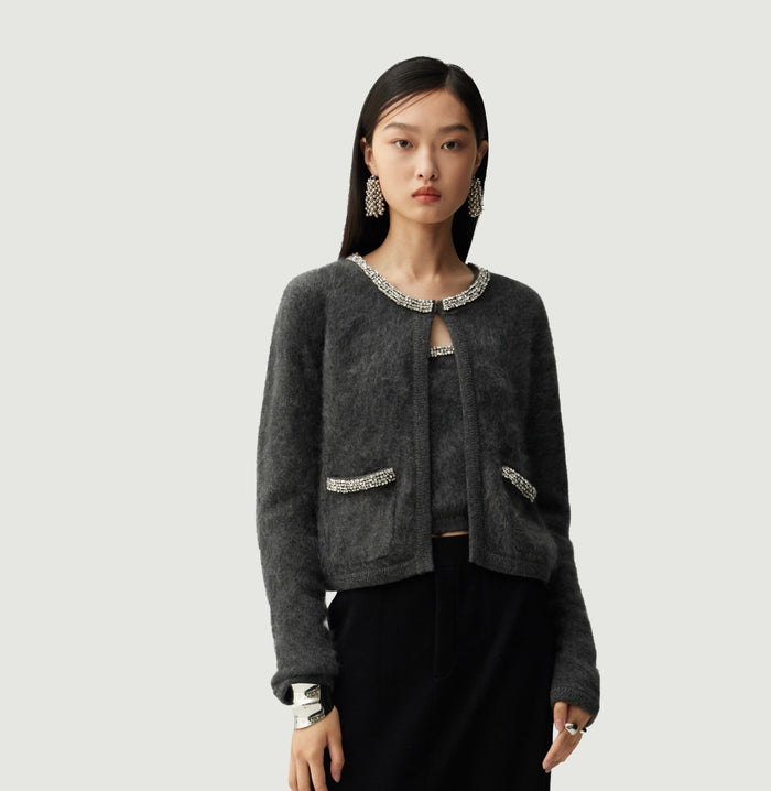 crush FLUFFY CASHMERE CRYSTAL EMBELLISHED PLACKET CARDIGAN Dark grey