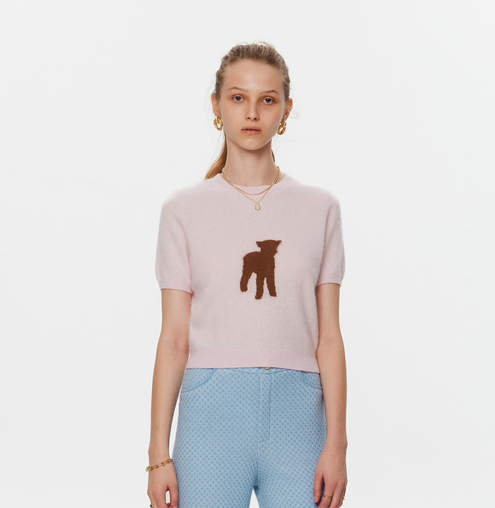 crush FLUFFY CASHMERE MOTIF-PRINTED CREWNECK TOP Light pink