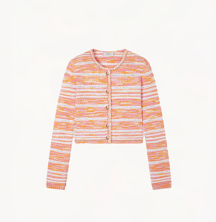 Crush GRADIENT-STRIPED CHAIN-DETAILED CREWNECK CARDIGAN White/Orange/Pink Stripes