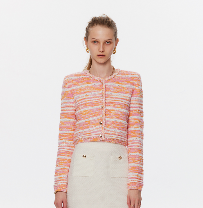 crush GRADIENT-STRIPED CHAIN-DETAILED CREWNECK CARDIGAN White/Orange/Pink stripes