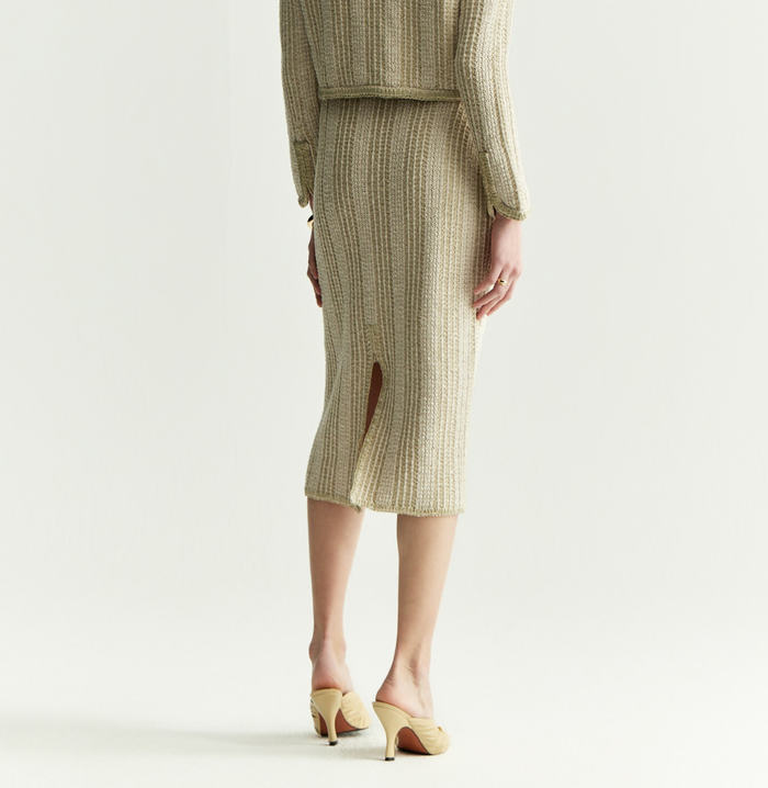 Crush METALLIC TWEED OPEN SLIT MAXI SKIRT Metallic Champagne Gold