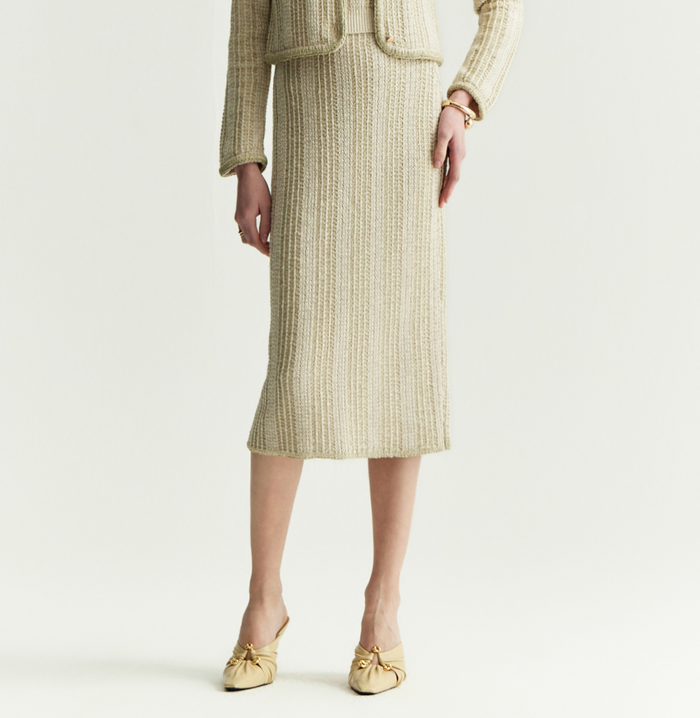 crush METALLIC TWEED OPEN SLIT MAXI SKIRT Metallic champagne gold