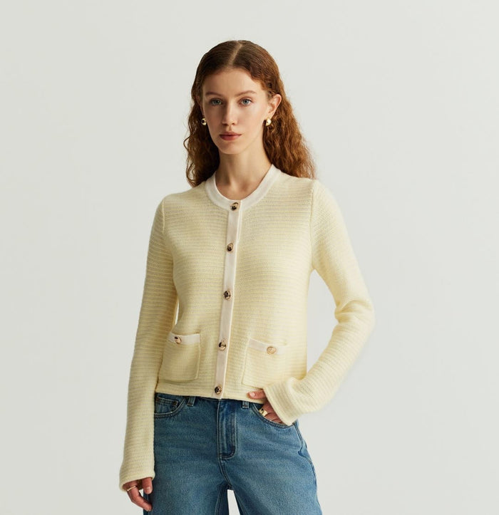 crush WOOL STRIPED CREWNECK CARDIGAN White/Yellow stripes