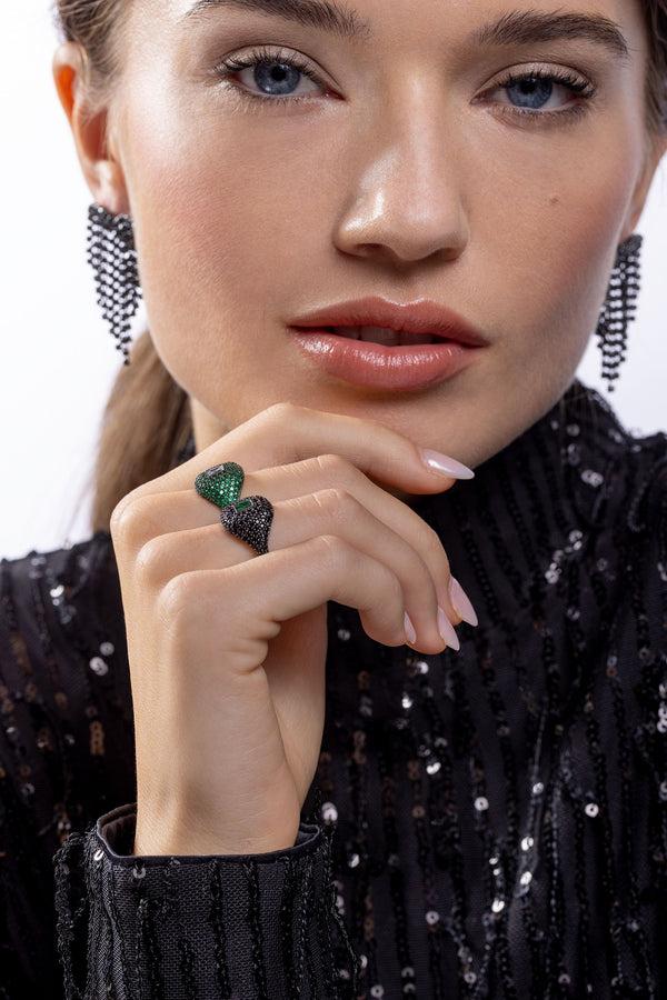 Crystal Haze Baguette Cut Ring - Emerald - Black Hardware