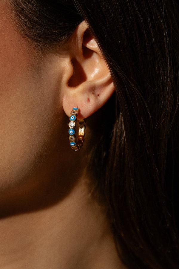 Crystal Haze Serena X Evil Eye Hoops - Greek Blue