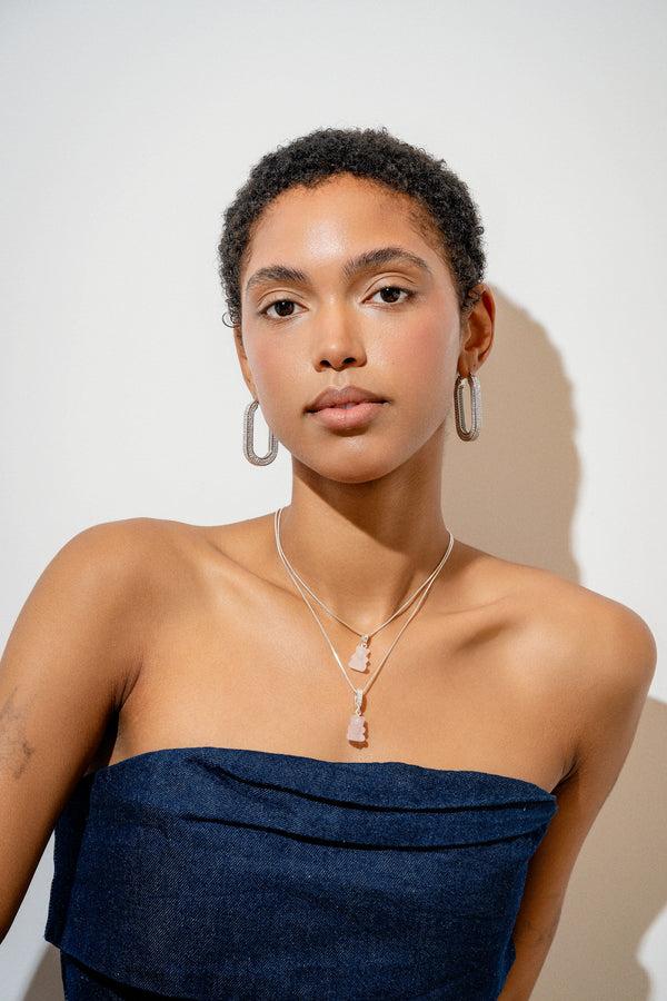 Crystal Haze Crystal Nostalgia Bear - Pave Connector - Silver Plated - Rose Quartz