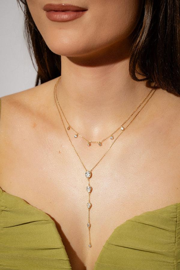 Crystal Haze Double Layering Tear Drop Lariat Necklace - Gold