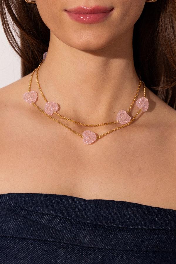 Crystal Haze Jelly Heart Layering Necklace - Baby Pink