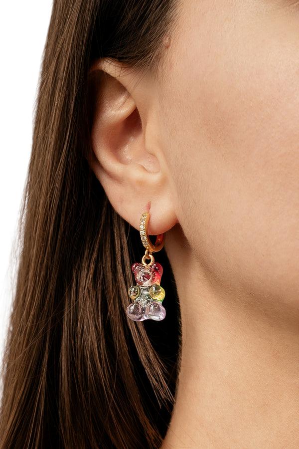 Crystal Haze Nostalgia Bear Pave Hoop - Gold Plated - Rainbow