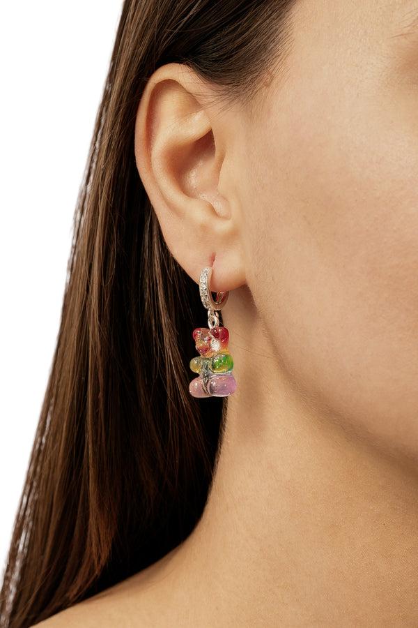 Crystal Haze Nostalgia Bear Pave Hoop - Silver Plated - Rainbow