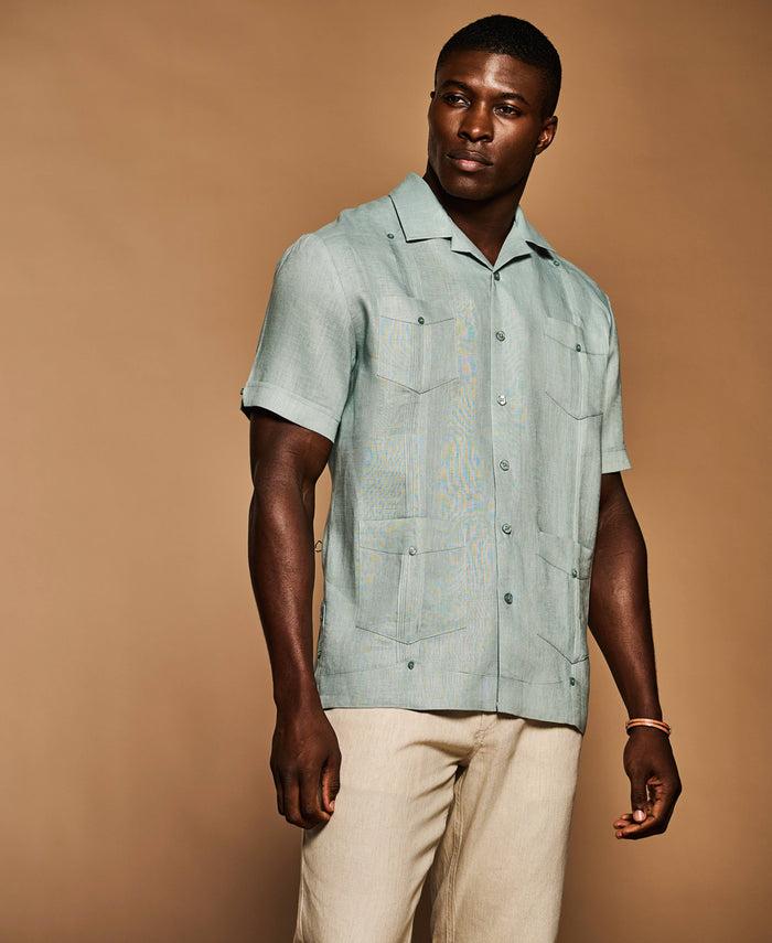 Cubavera 100% Linen Classic Guayabera Shirt - Short Sleeve Blue Surf