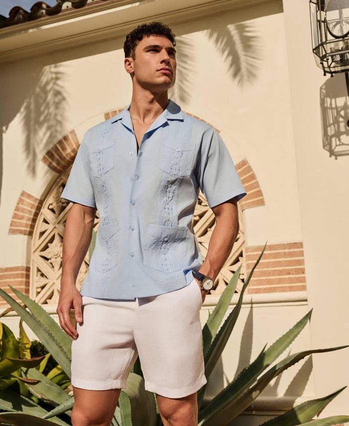 Cubavera Authentic Embroidered Guayabera Shirt Blue Bell