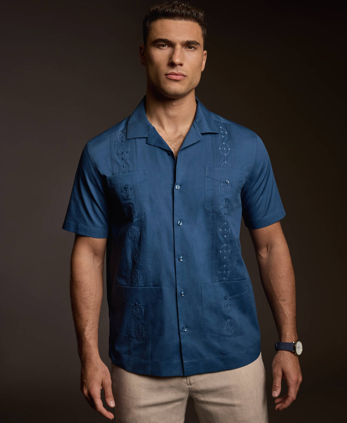 Cubavera Authentic Embroidered Guayabera Shirt Ensign Blue