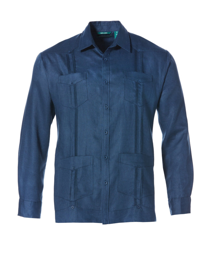 Cubavera Big & Tall 100% Linen Classic Guayabera Shirt - Long Sleeve Ensign Blue
