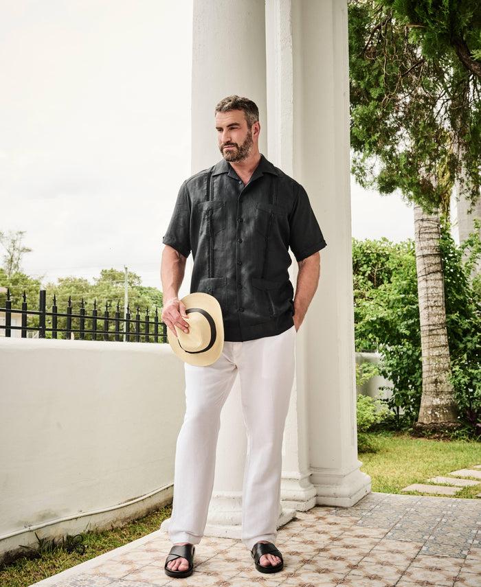 Cubavera Big & Tall 100% Linen Classic Guayabera Shirt - Short Sleeve Jet Black