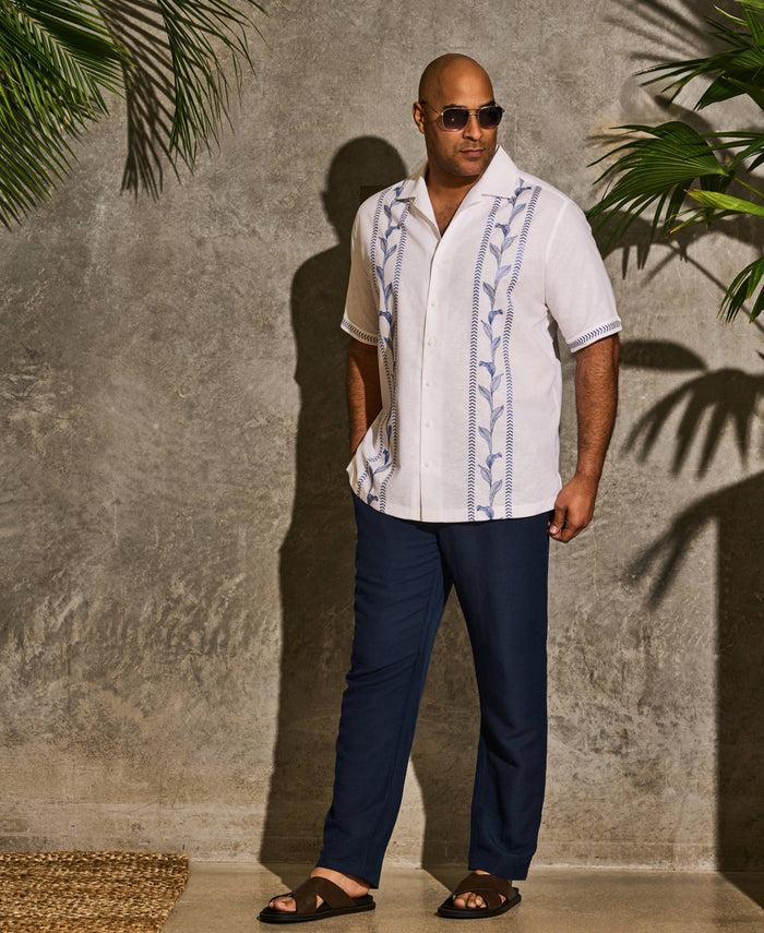 Cubavera Big & Tall Embroidery Leaf Panel Shirt Brilliant White