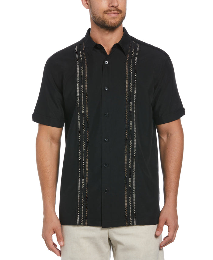 cubavera Big & Tall Geo Embroidered Panel Shirt Jet Black