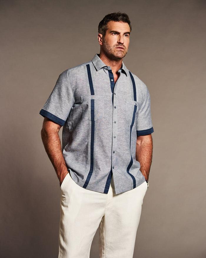 Cubavera Big & Tall Linen Blend Cross Dye Guayabera Shirt Ensign Blue