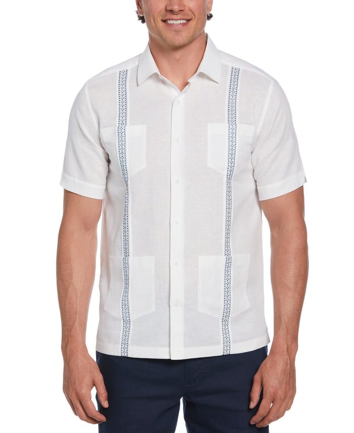 cubavera Big & Tall Linen Blend Guayabera Shirt With Geo Embroidered Panels Brilliant White