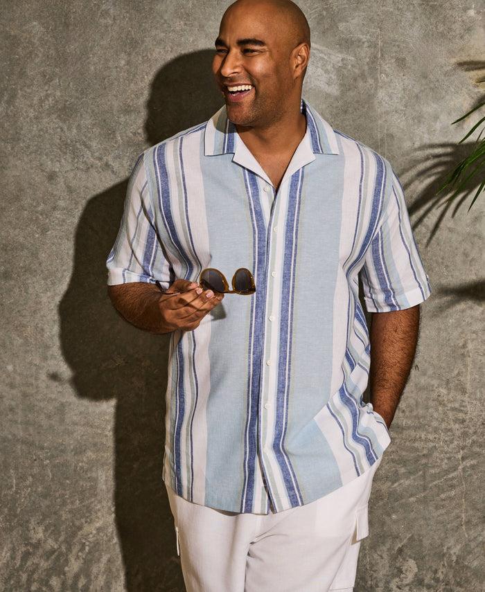 Cubavera Big & Tall Linen Blend Striped Panel Shirt Forget Me Not