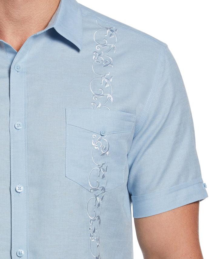 Cubavera Big & Tall Linen Blend Tonal Embroidery Guayabera Shirt Cerulean