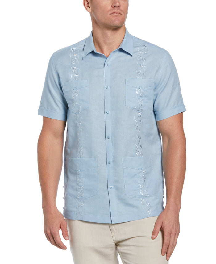 Cubavera Big & Tall Linen Blend Tonal Embroidery Guayabera Shirt Cerulean