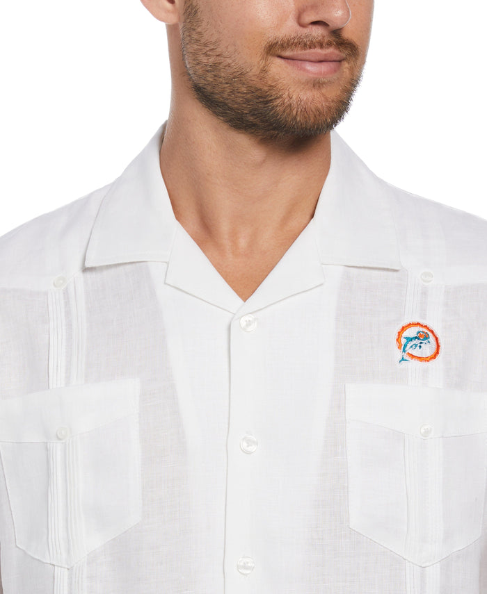 Cubavera Big & Tall Miami Dolphins Throwback Logo Linen Short Sleeve 4 Pocket Guayabera Bright White